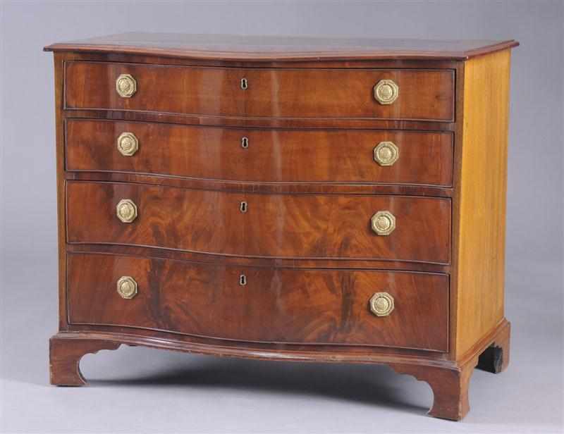 Appraisal: GEORGE III INLAID MAHOGANY SERPENTINE-FRONTED CHEST OF DRAWERS The cross-banded