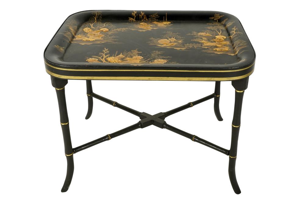 Appraisal: VICTORIAN LACQUERED AND GILT PAPIER MACHE TRAYon a stand of