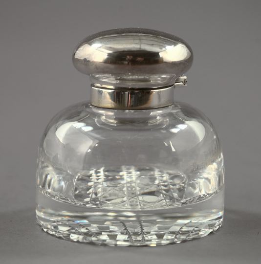 Appraisal: English Sterling Silver-Mounted Cut Glass Ink Bottle London in Cane