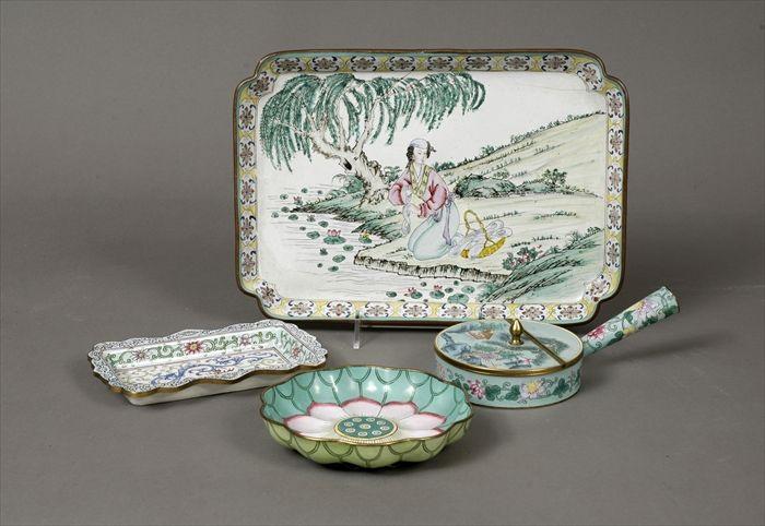 Appraisal: Four Canton Enamel Articles Including two trays a round dish