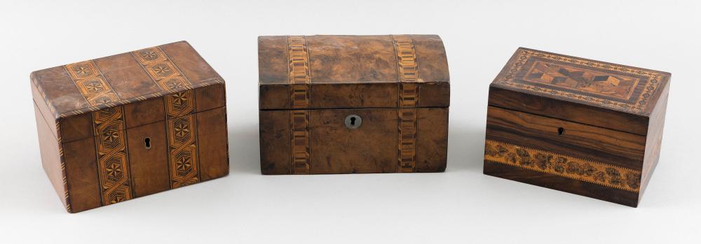 Appraisal: THREE ENGLISH TEA CADDIES TH CENTURY WIDTHS FROM TO THREE