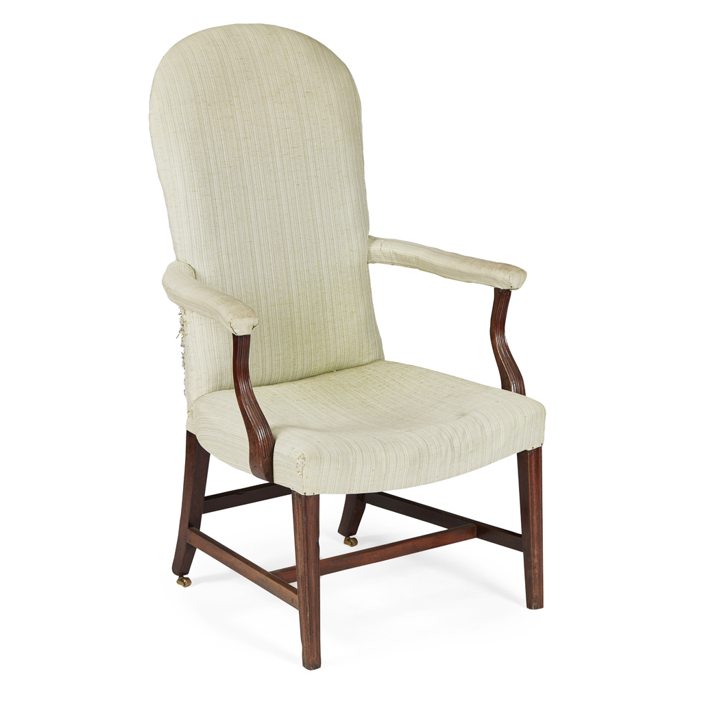 Appraisal: GEORGE III MAHOGANY ARMCHAIR TH CENTURY the high arched padded