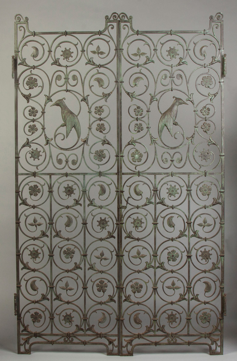 Appraisal: Art Deco Hand Wrought Iron Gates W bronze bird floral