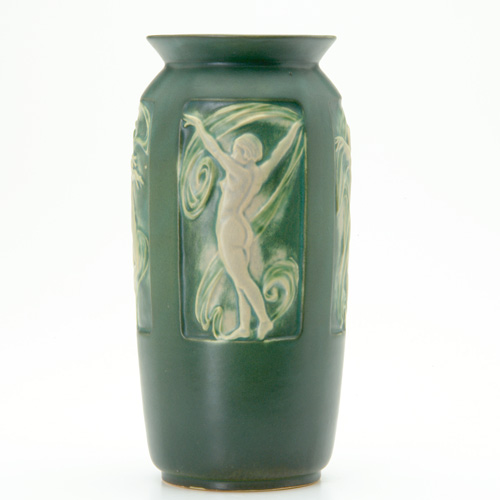 Appraisal: ROSEVILLE Green Panel ovoid vase with flaring rim RV ink