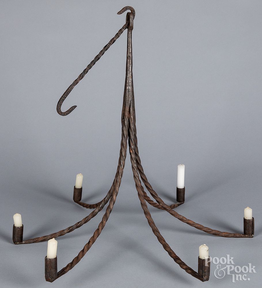 Appraisal: Wrought iron hanging chandelier th c Wrought iron hanging chandelier