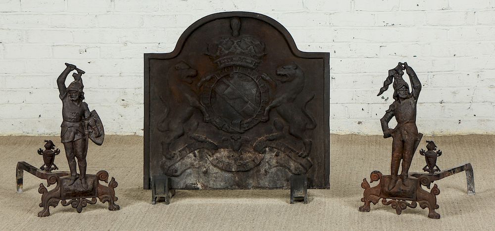 Appraisal: Pair of Figural Andirons and a Cast Iron Fireback A