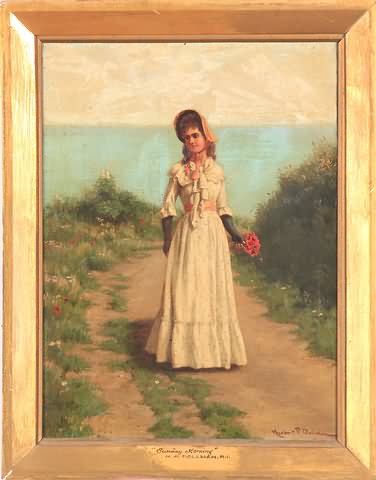 Appraisal: Sunday Morning girl holding flowers with water in background oil