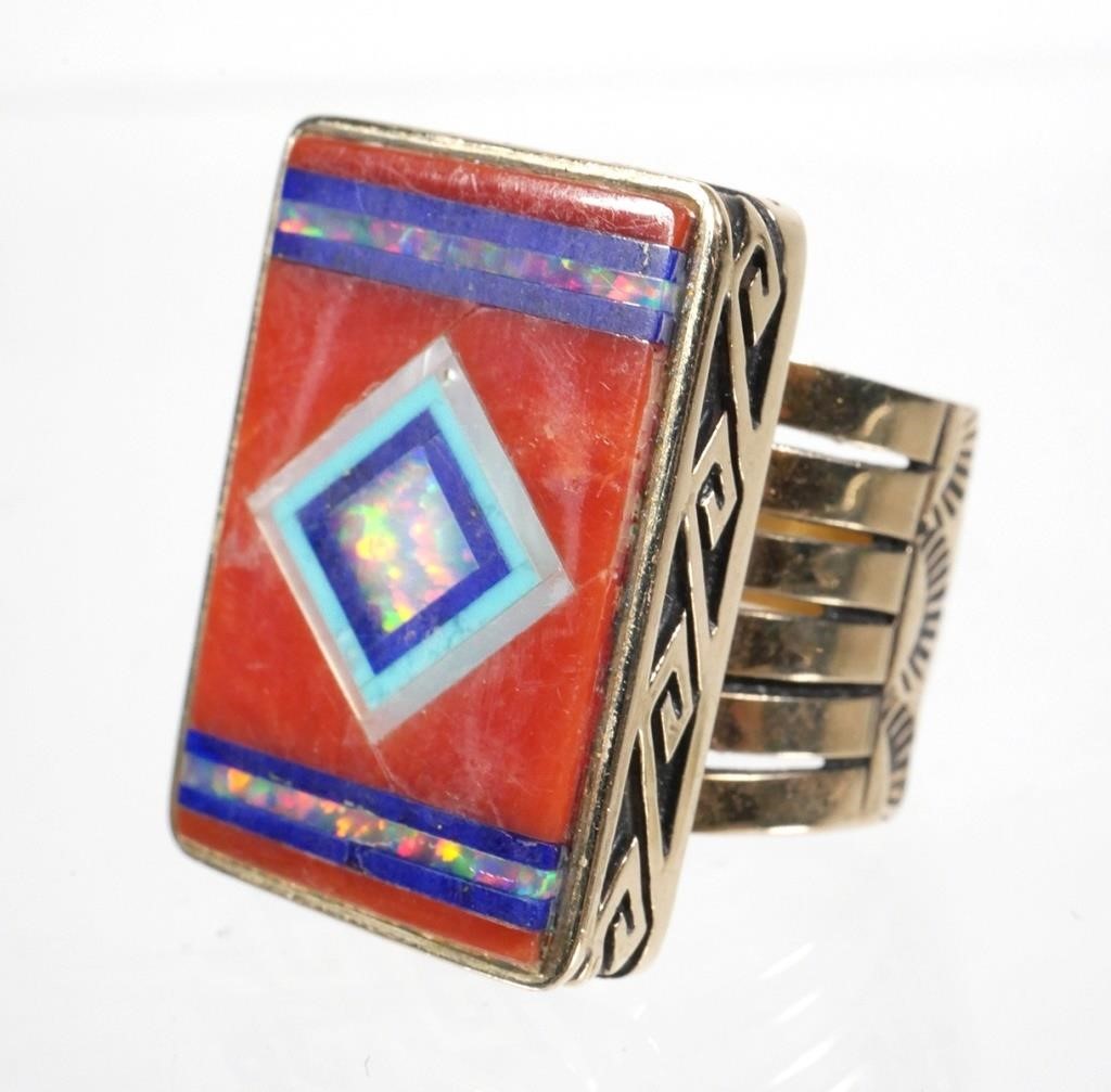 Appraisal: Rare k solid gold handmade ring with inlaid stone mosaic