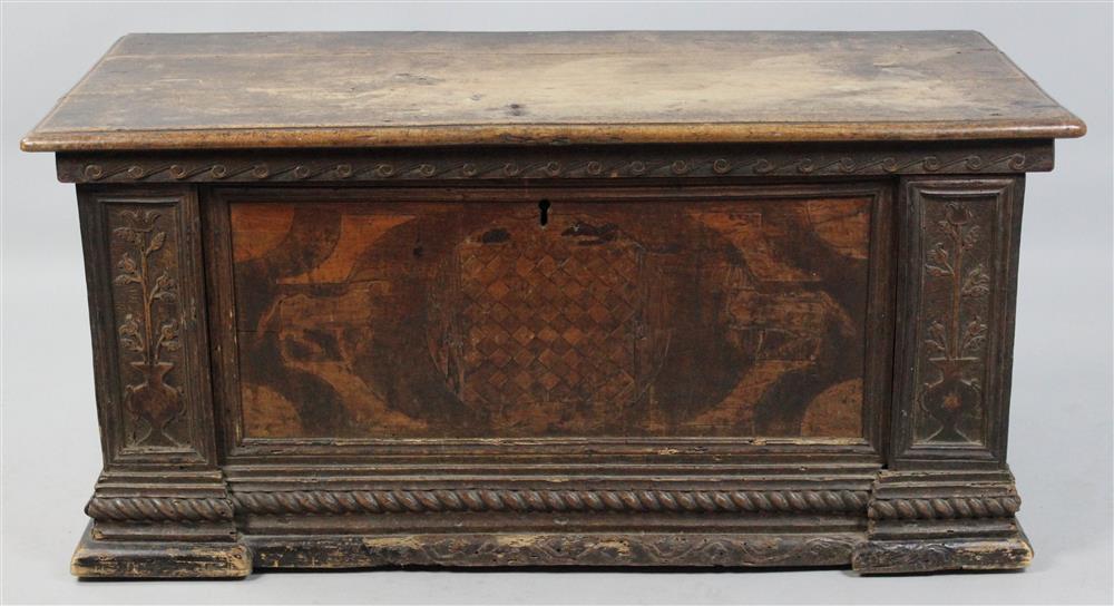 Appraisal: CONTINENTAL CARVED BLANKET CHEST having a hinged top with carved