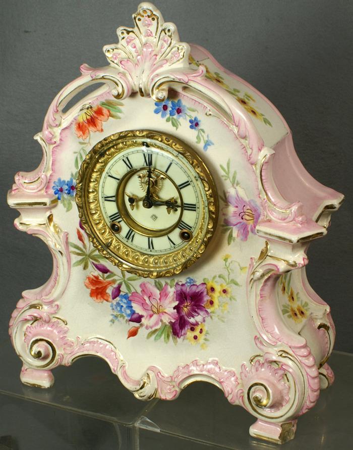 Appraisal: Ansonia china case mantle clock with open escapement pink trim