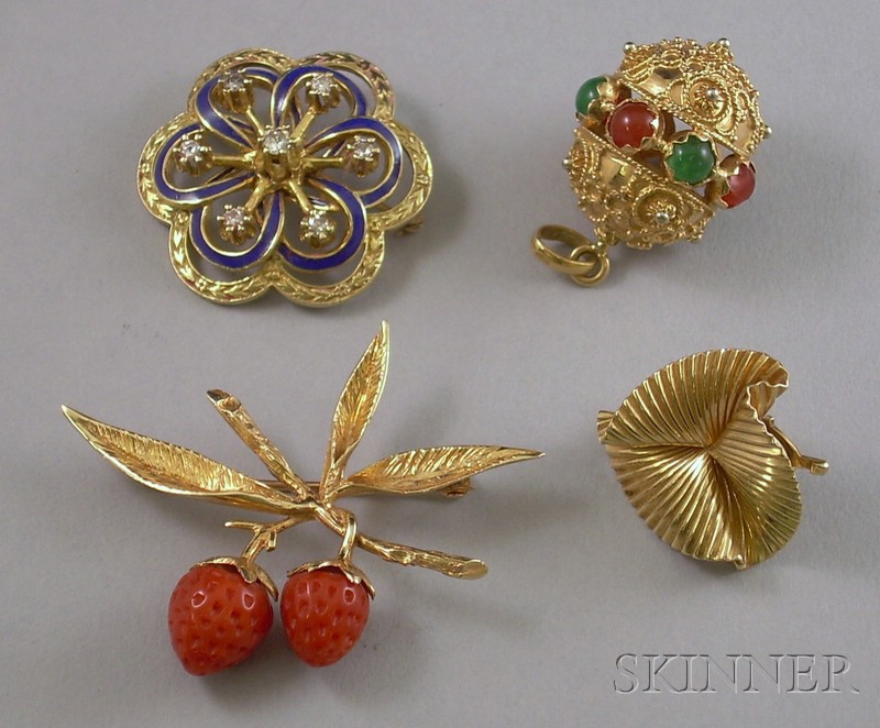 Appraisal: Four Gold Jewelry Items an kt gold and cabochon gemstone