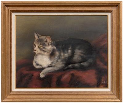 Appraisal: th century portrait of a cat gray and white cat