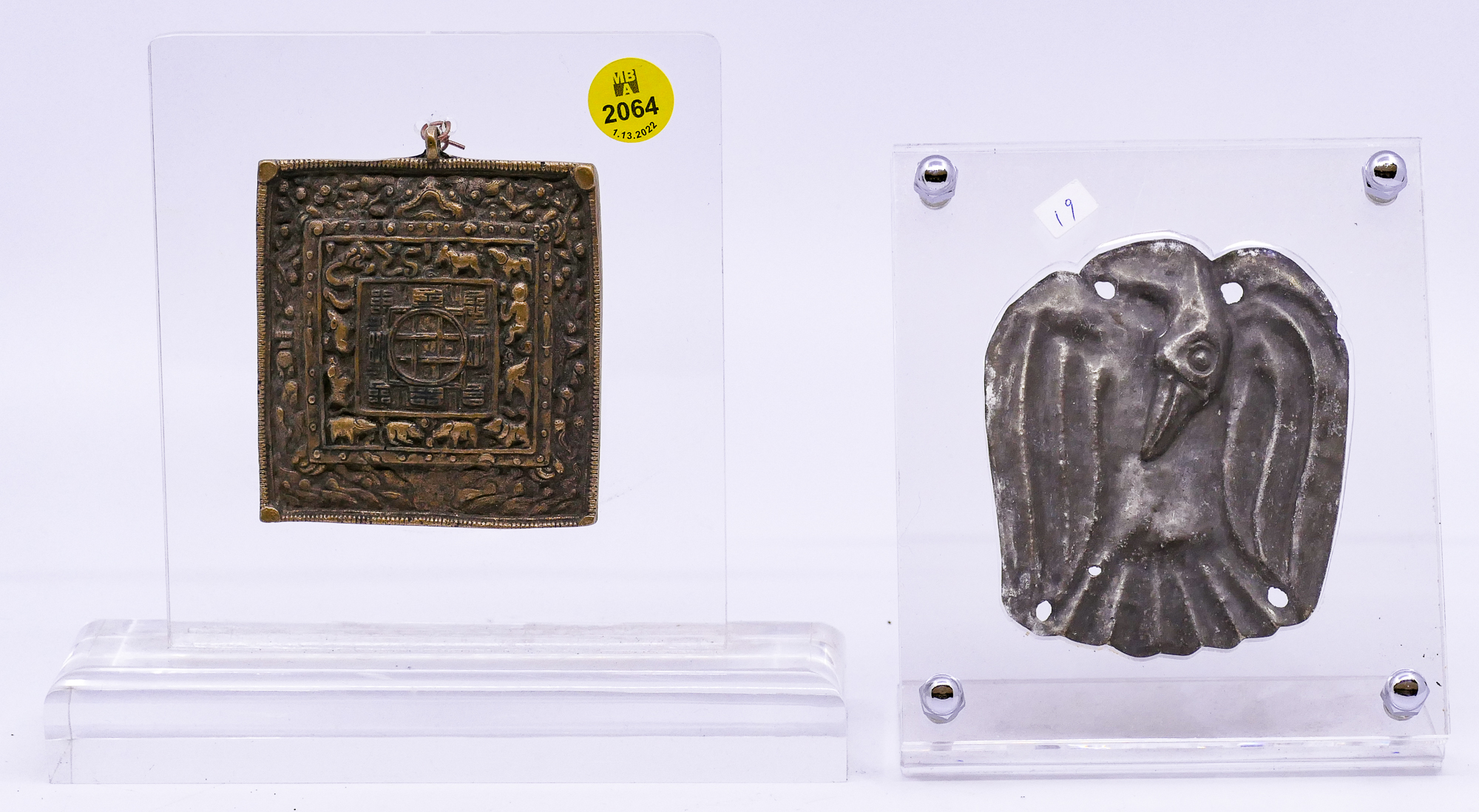 Appraisal: pc Old Asian Metal Plaques on Lucite Stands- ''