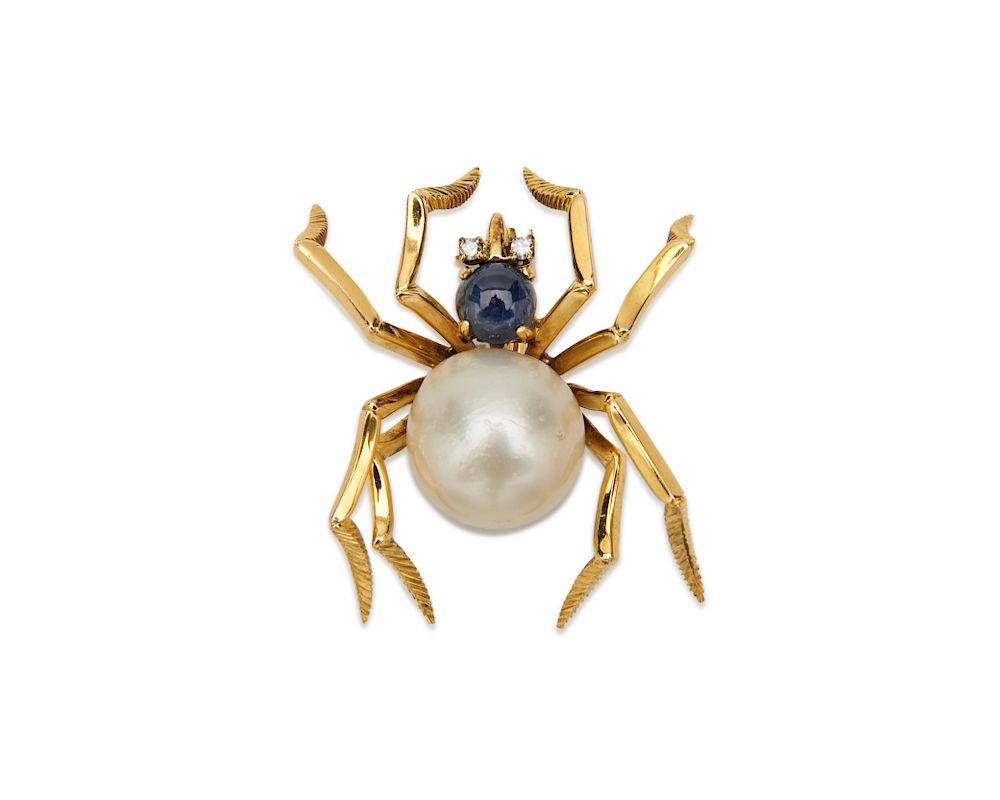 Appraisal: K Gold Pearl Sapphire and Diamond Spider Brooch K Gold