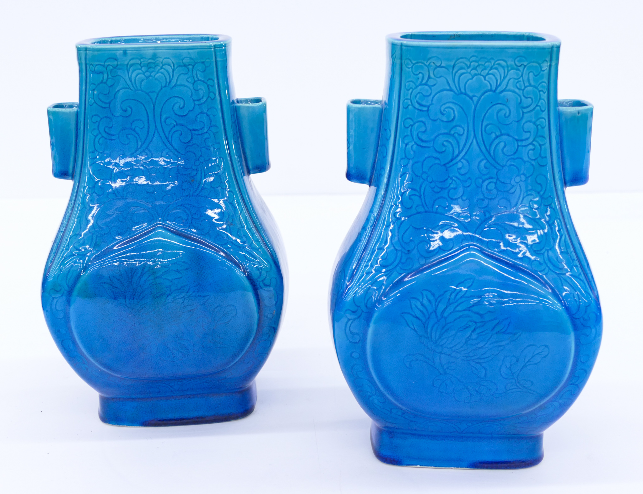 Appraisal: Pair Chinese Republic Peacock Blue Hu Vases ''x '' Exceptional