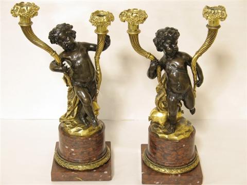 Appraisal: PAIR OF FRENCH BRONZE FIGURAL CANDELABRA Probably th century symbolizing