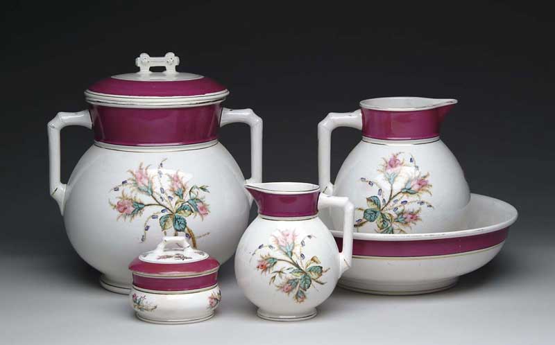 Appraisal: FIVE PIECE WASH SET IN MOSS ROSE DECORATION Set consists