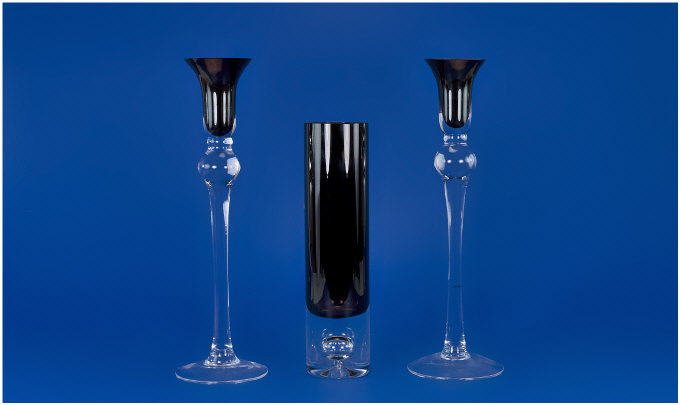 Appraisal: Pair Of Tall Glass Candle Holders And A Brown Glass