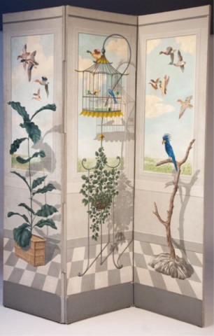 Appraisal: Three Panel Painted Screen with Birds Interior scene H