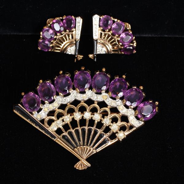 Appraisal: Trifari pc Purple Fan Pin with matching Clip on Earrings