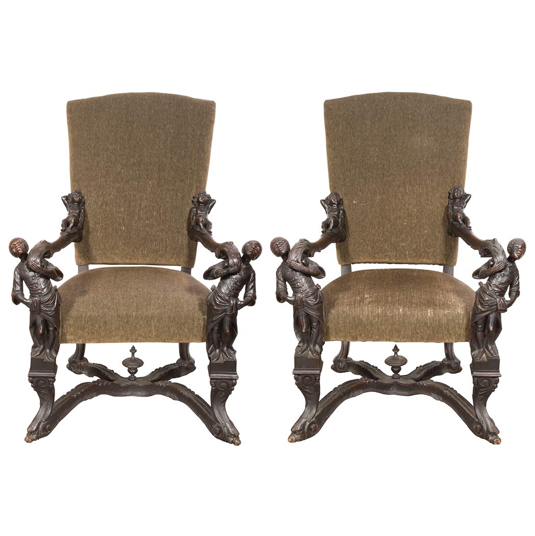 Appraisal: Pair of Italian Baroque Style Dark Stained Walnut Figural Armchairs