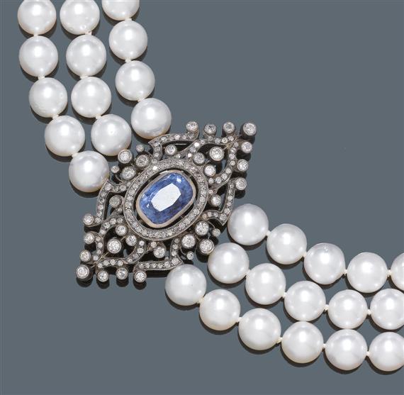 Appraisal: PEARL SAPPHIRE AND DIAMOND NECKLACE ca - Silver over red