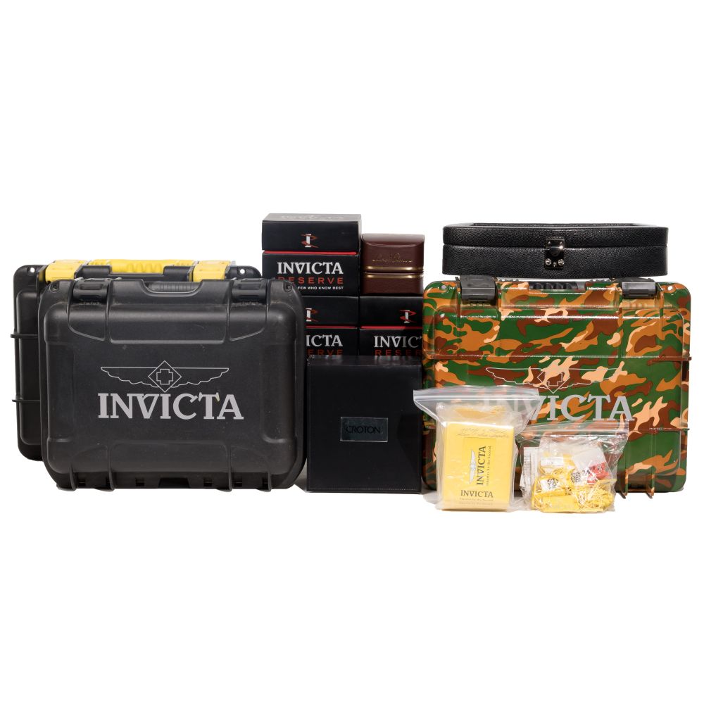 Appraisal: WRISTWATCH STORAGE AND RETAIL BOX ASSORTMENT items including Invicta -slot