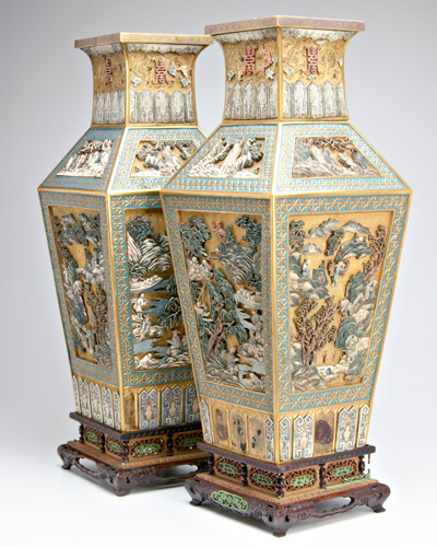 Appraisal: CHINESE Pair of gilt metal vases with applied stained and