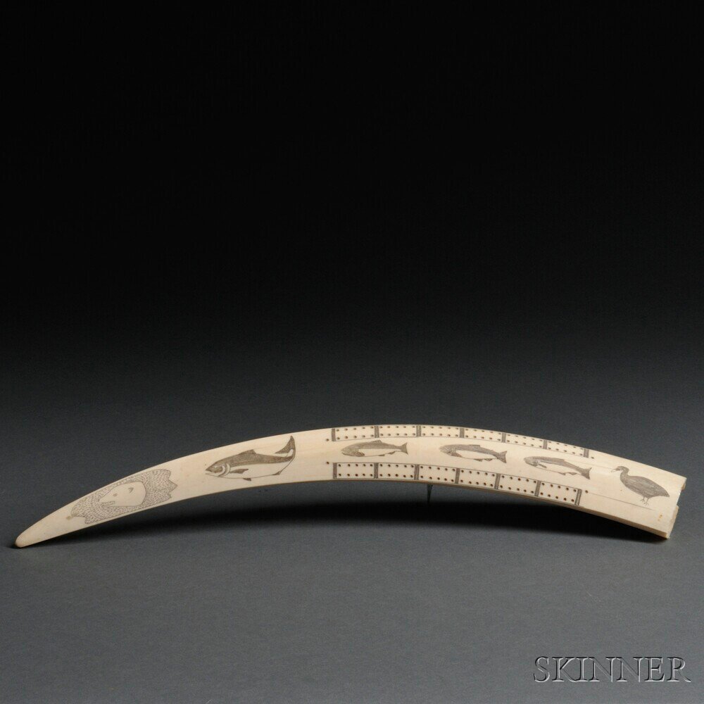 Appraisal: Eskimo Scrimshaw Walrus Tusk Cribbage Board with bear fish and