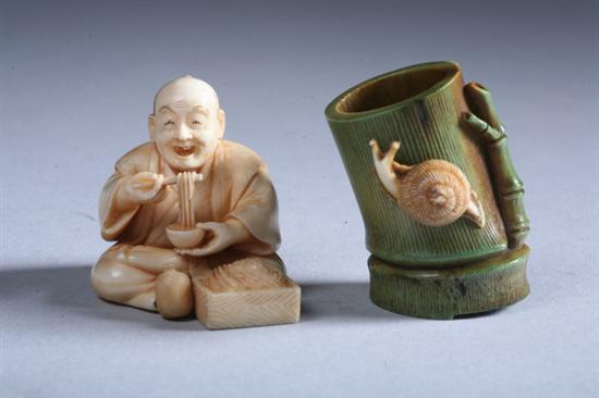 Appraisal: JAPANESE IVORY NETSUKE OF BAMBOO AND SNAIL signed Together with