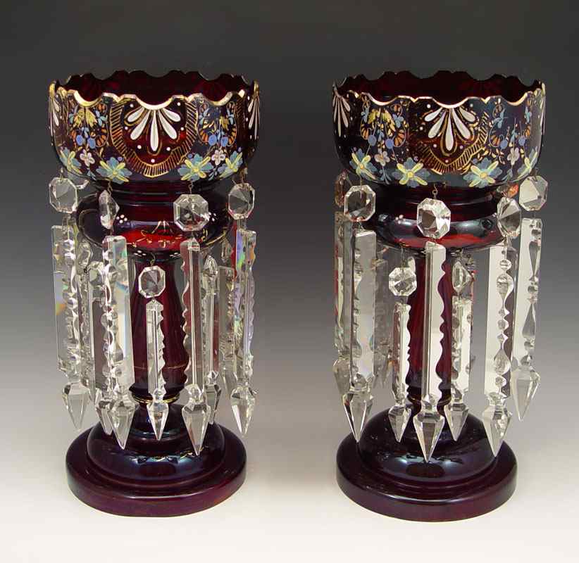 Appraisal: PAIR OF ENAMELED RED GLASS LUSTERS Each with a double