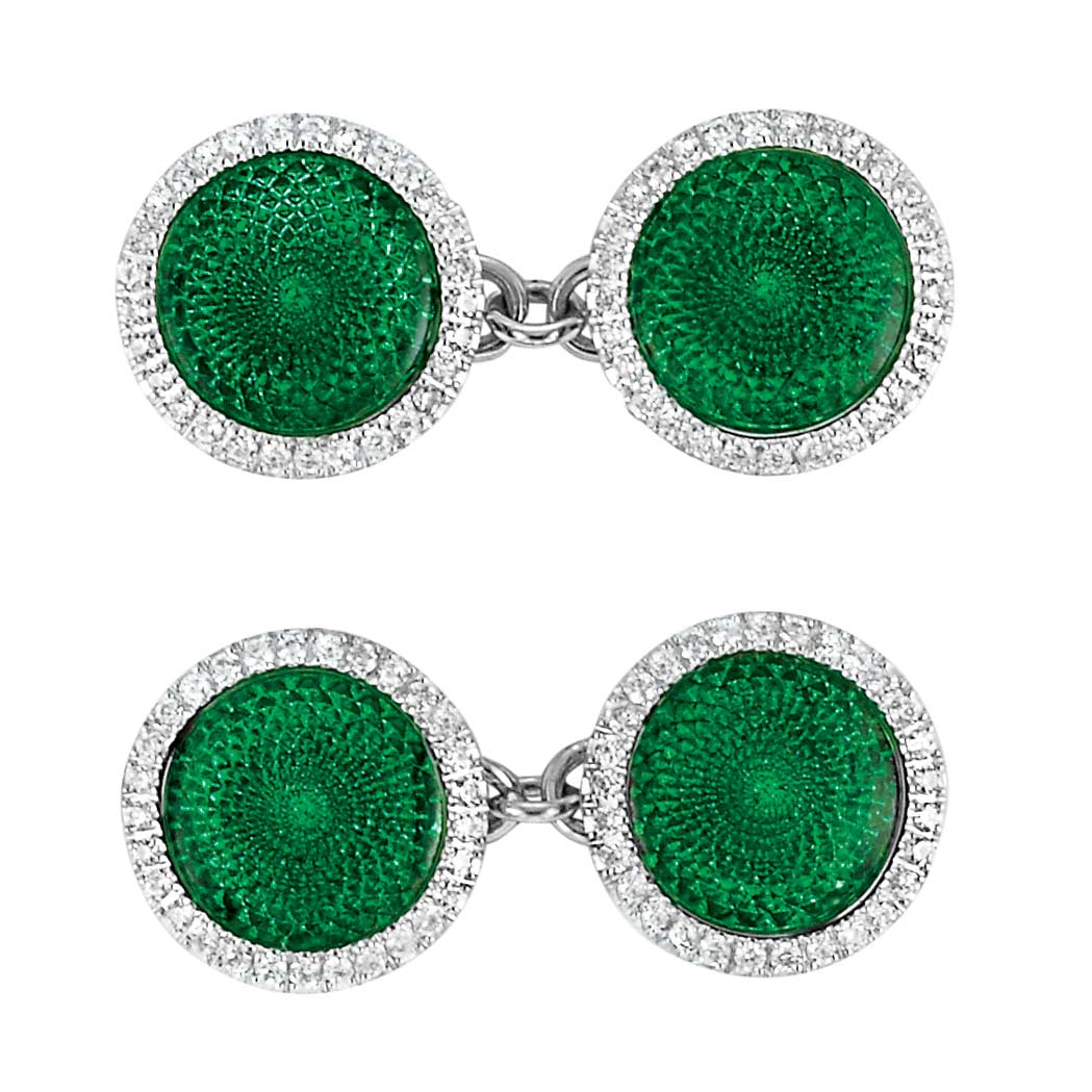 Appraisal: Pair of Platinum Guilloche Green Enamel and Diamond Cufflinks Ap