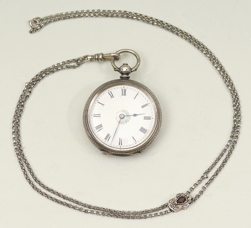 Appraisal: ENGLISH STERLING POCKET WATCH CHAIN AND SLIDE Open face pocket