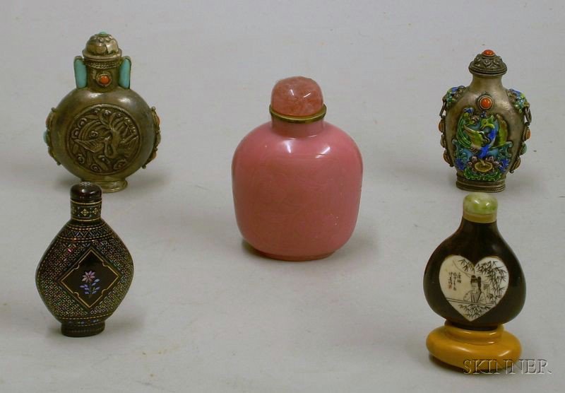 Appraisal: Five Snuff Bottles China a heart-shape bone bottle with base