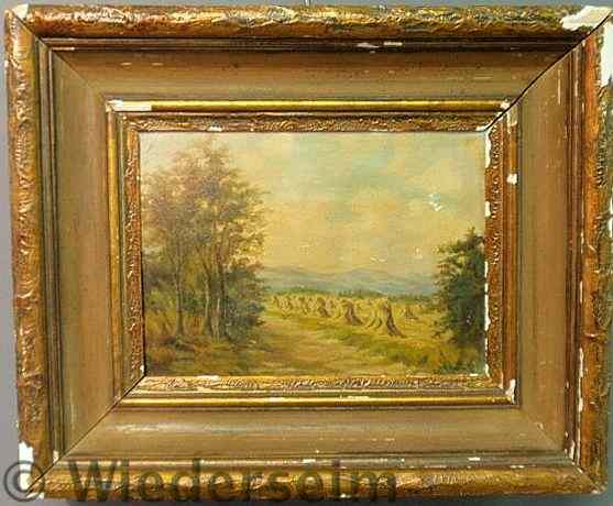 Appraisal: Oil on panel painting of a fall hayfield landscape signed