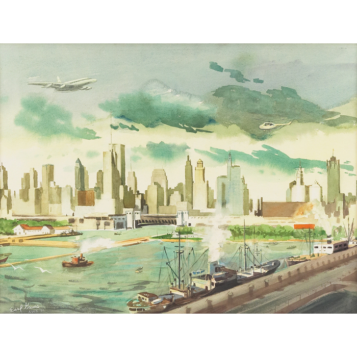 Appraisal: Earl Clifford Gross American - Boats and Skyline Chicago watercolor