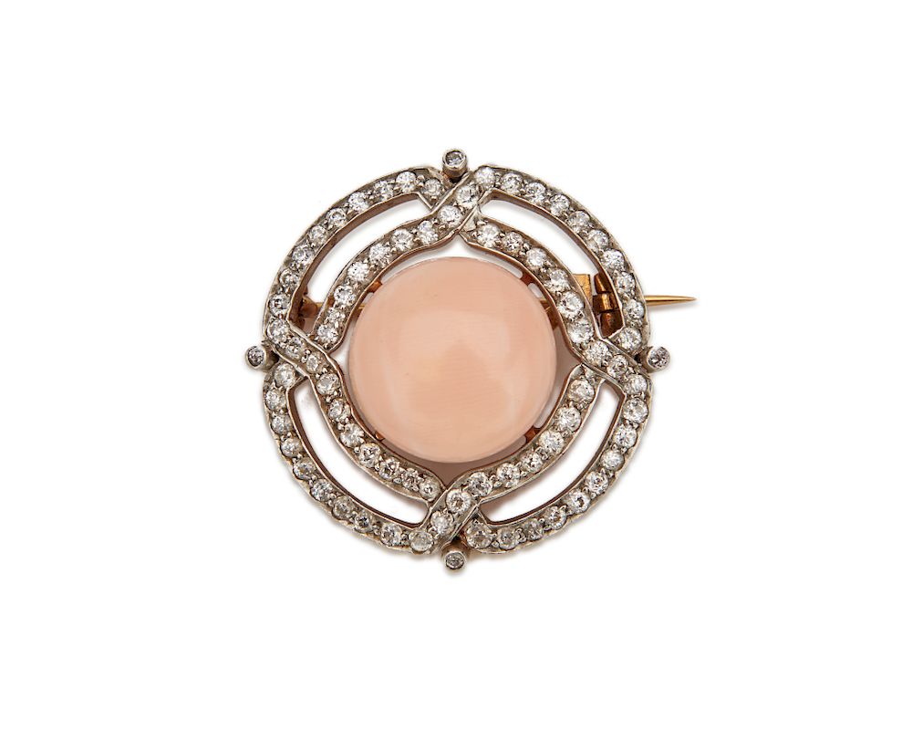 Appraisal: TIFFANY CO K Gold Platinum Diamond and Coral Brooch TIFFANY