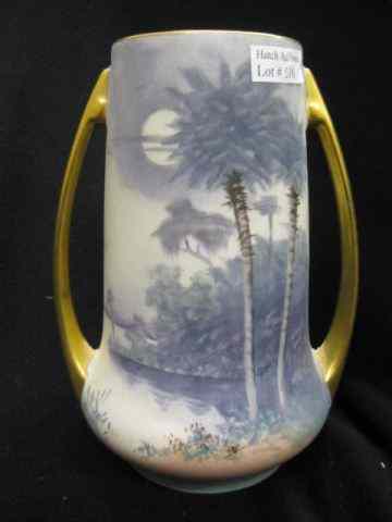 Appraisal: Pickard Handpainted Porcelain Vase moonlit bayou scene gold handles rim