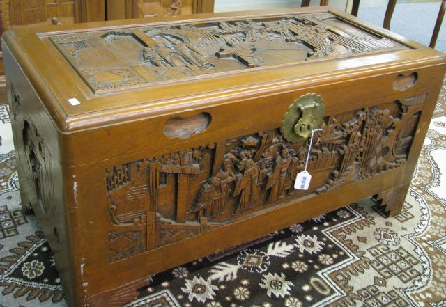 Appraisal: Vintage Oriental carved chest long deep high relief carved on