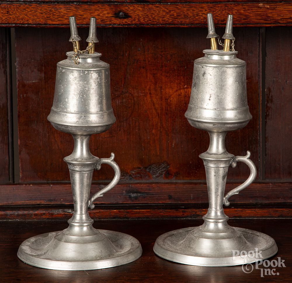 Appraisal: Pair of pewter whale oil lamps ca Pair of pewter