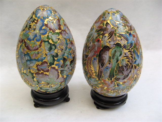 Appraisal: TWO CHINESE CLOISONNE EGG SHAPED ORNAMENTS one with raised bird