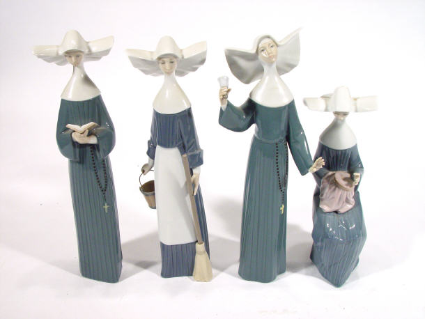 Appraisal: Four Lladro porcelain nuns ringing a bell sweeping the floor