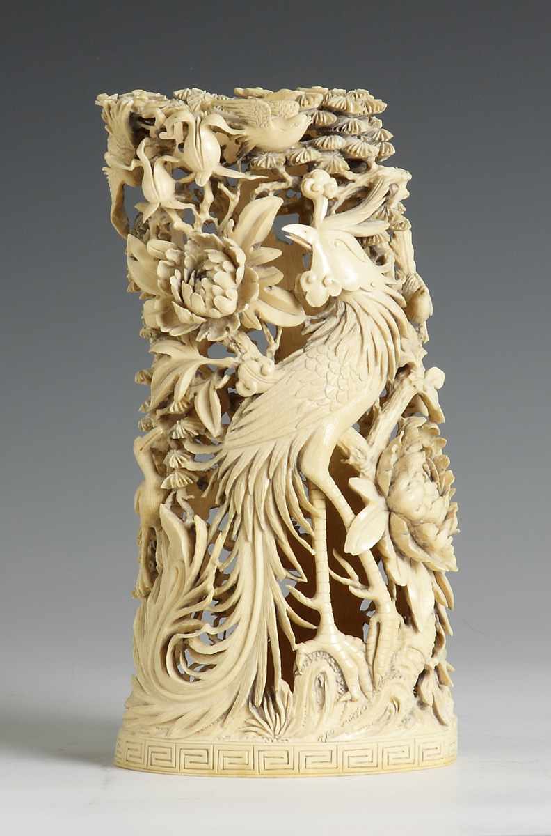 Appraisal: Large Chinese Carved Ivory Tusk w Cranes th cent Elaborately