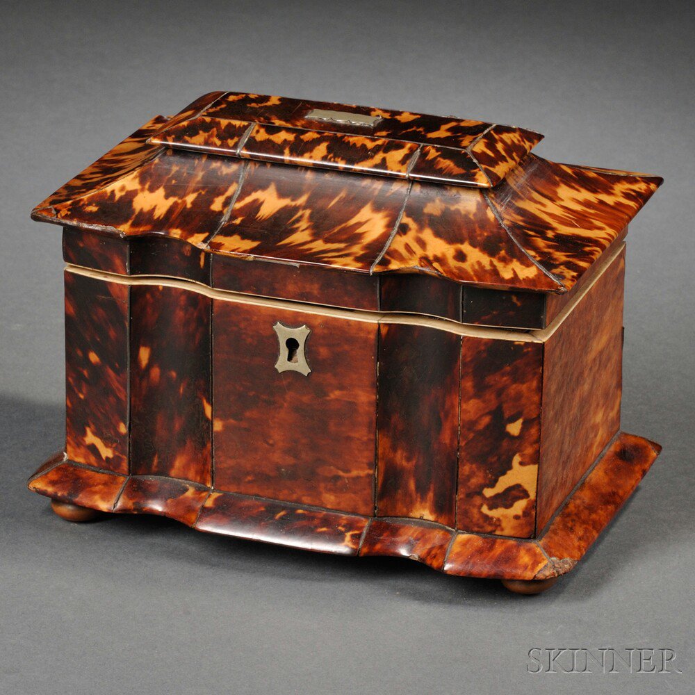 Appraisal: Tortoiseshell Tea Caddy England c with raised pagoda top and