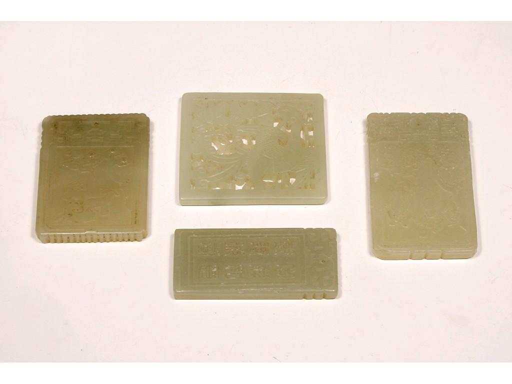 Appraisal: THREE PALE CELADON JADE RECTANGULAR PENDANTS each decorated on one