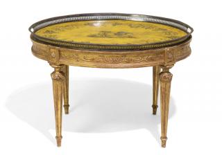 Appraisal: A VICTORIAN TOLE TEA TRAY ON GILTWOOD STAND A VICTORIAN