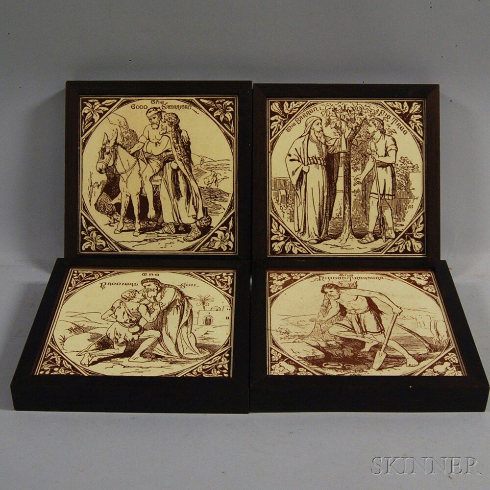 Appraisal: Four Framed Thomas Allen Religious and Parable Tiles attributed to