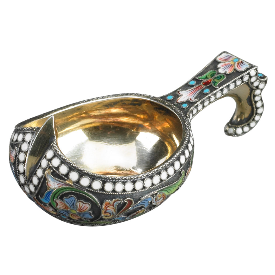 Appraisal: Russian Silver and Cloisonn Enamel Small Kovsh probably Maria Semenova