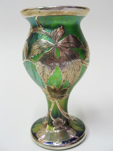 Appraisal: Loetz-style Silver Overlay Vase green glass with floral motif overlay