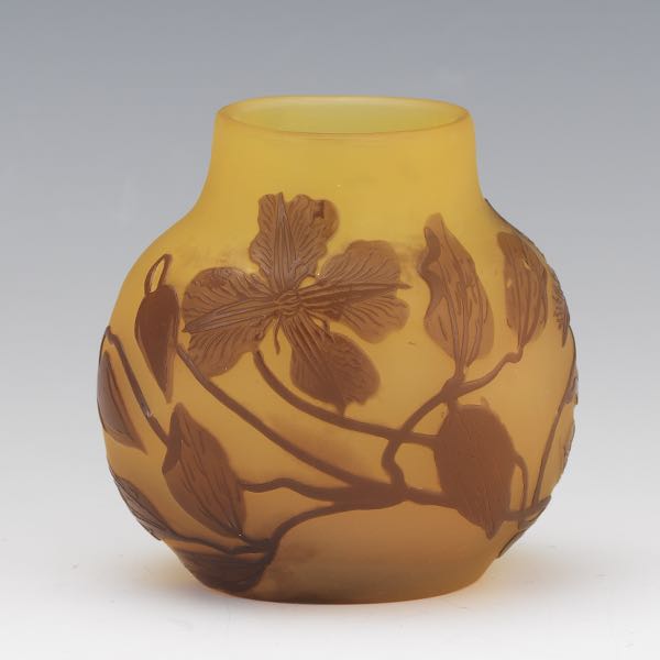 Appraisal: GALLE DOGWOOD GLASS VASE H x x Squat form brown